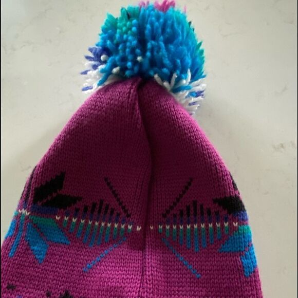 SMILEY Wool Knit Ski Hat Pom Pom Purple Blue Adult OS Made in USA - Picture 2 of 6